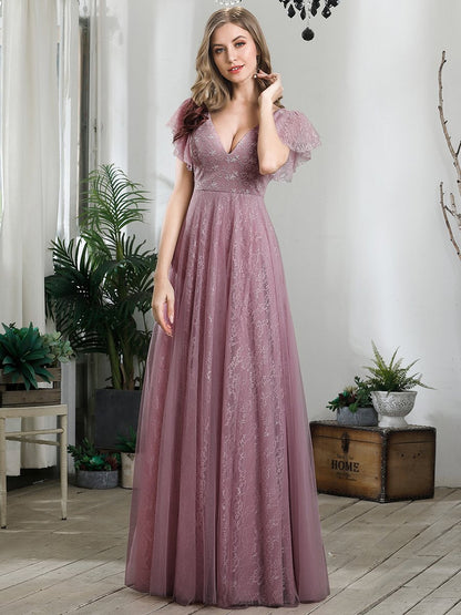 Graceful V-Neck Gown with Flowy Ruffle Sleeves