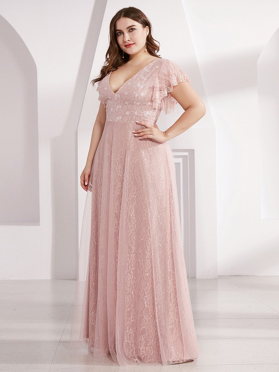 Plus Size Double V Neck Lace Evening Dresses with Ruffle Sleeves