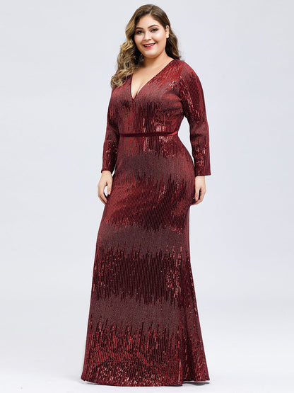 Women's Deep V-Neck Sequin Wholesale Evening Dress with Long Sleeve