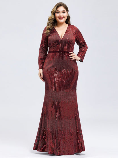 Plus Size Deep V-Neck Sequin Wholesale Evening Dress with Long Sleeve