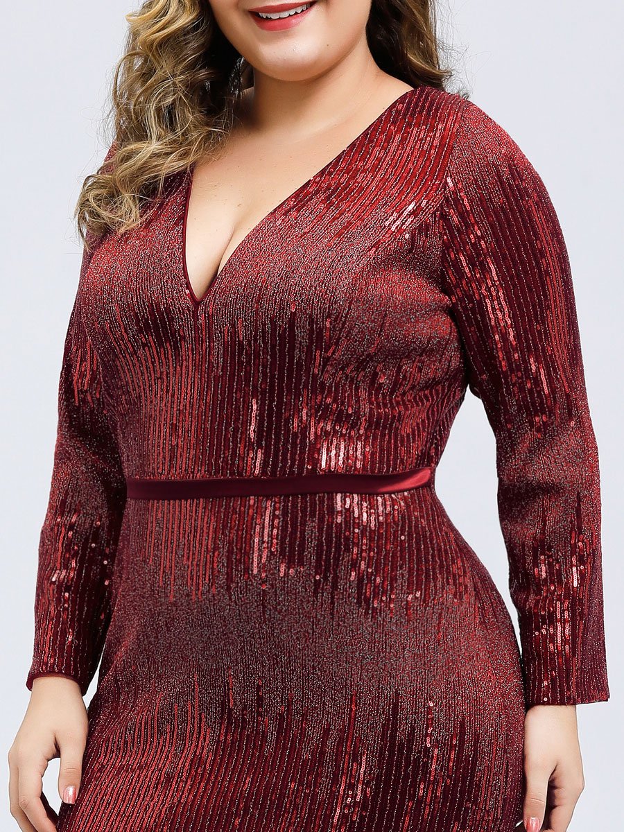 Plus Size Deep V-Neck Sequin Wholesale Evening Dress with Long Sleeve