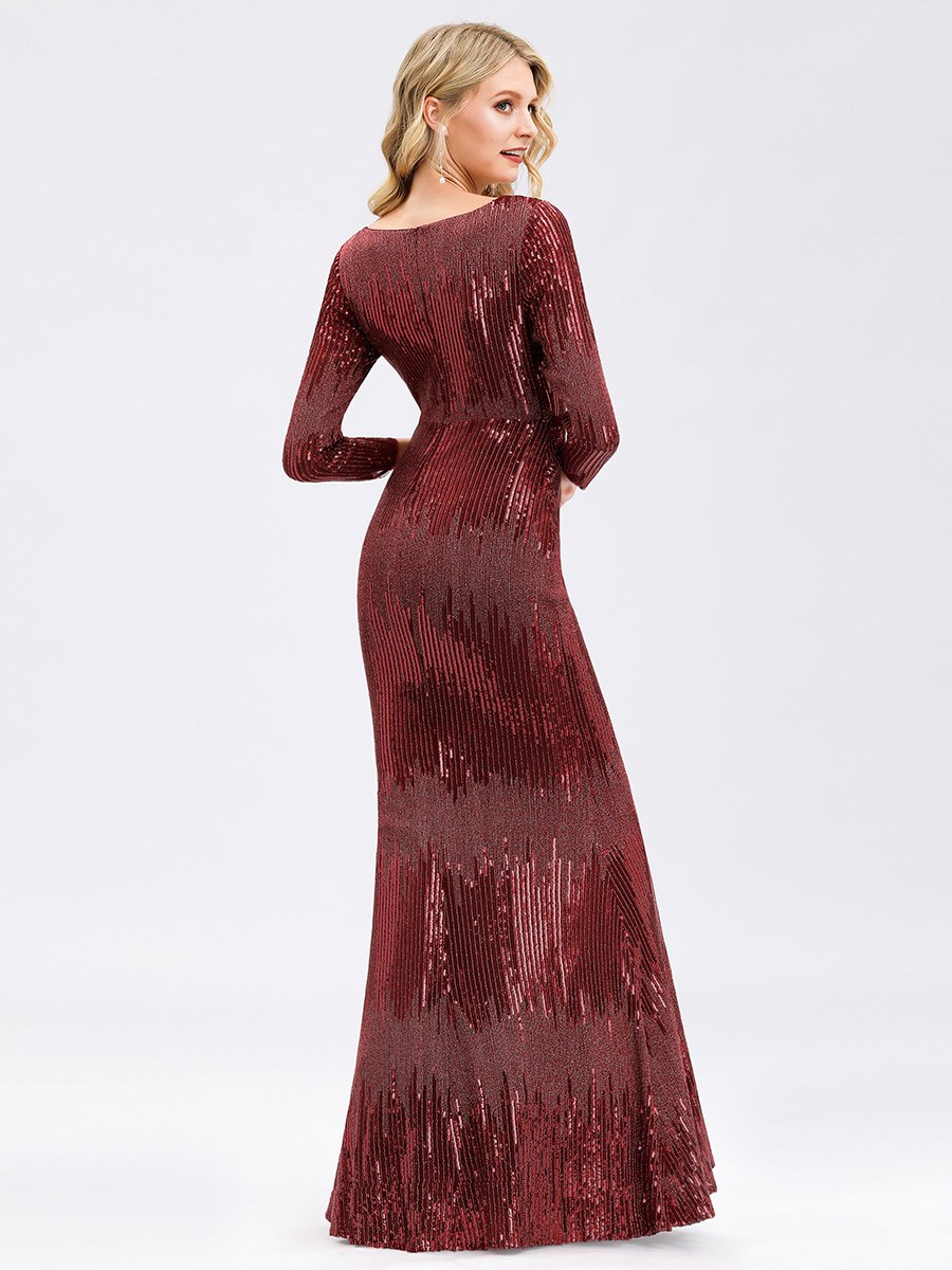 Women's Deep V-Neck Sequin Wholesale Evening Dress with Long Sleeve