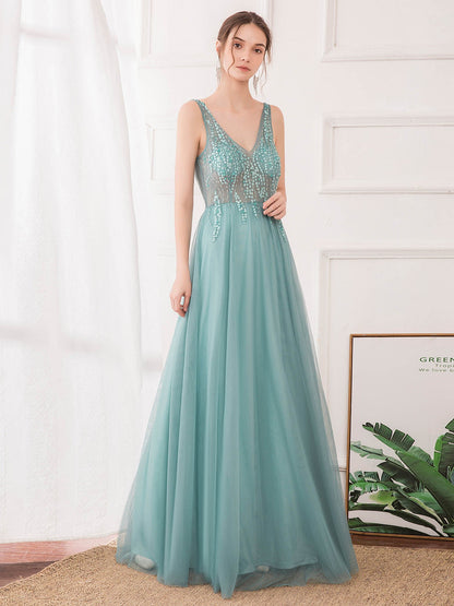 Elegant V-Neck Tulle Bridesmaid Gown