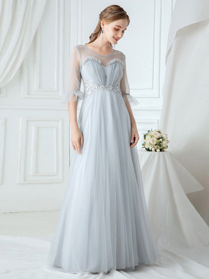 Elegant Sheer Sleeve Applique Bridesmaid Gown