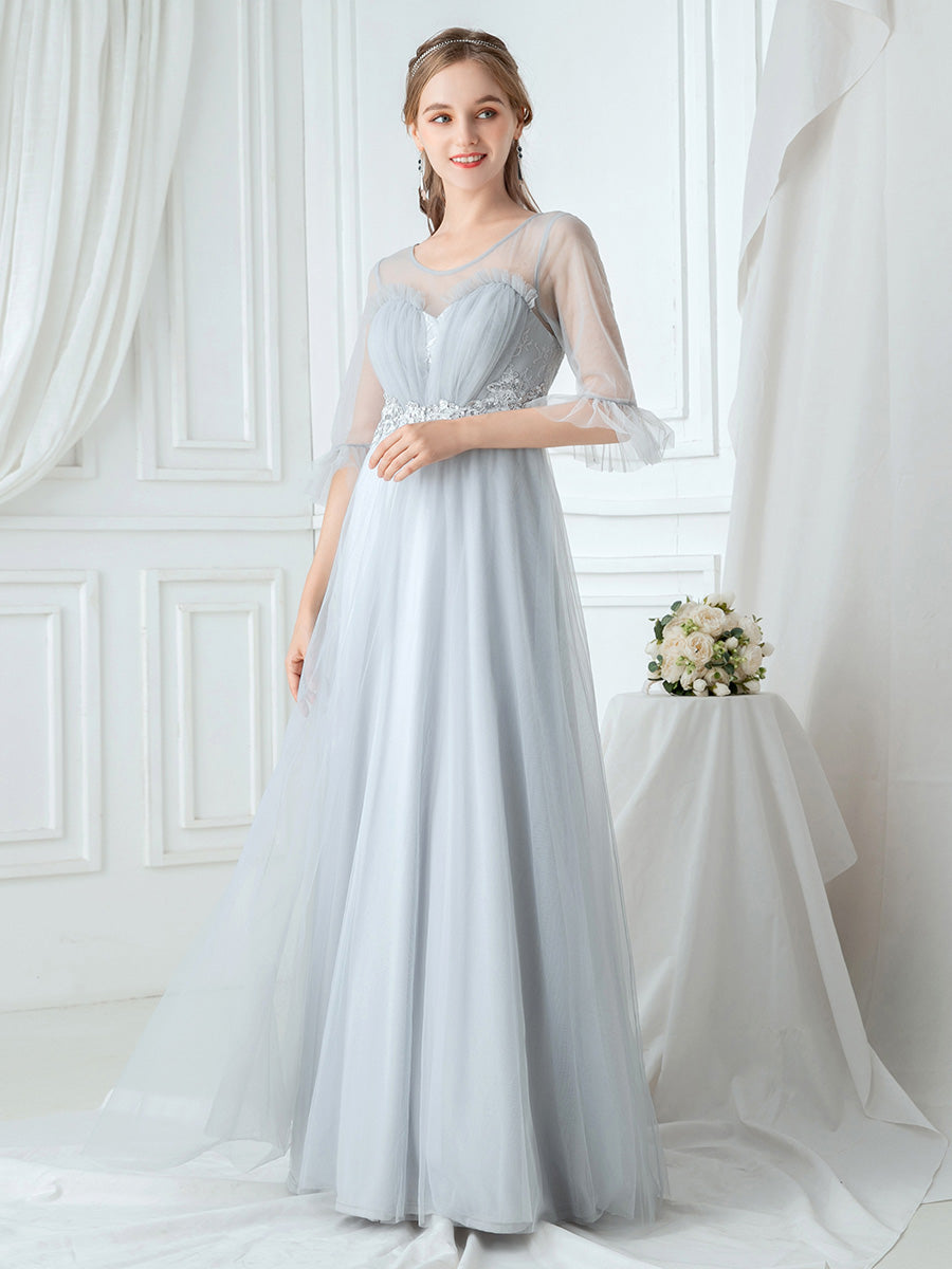 Elegant Sheer Sleeve Applique Bridesmaid Gown