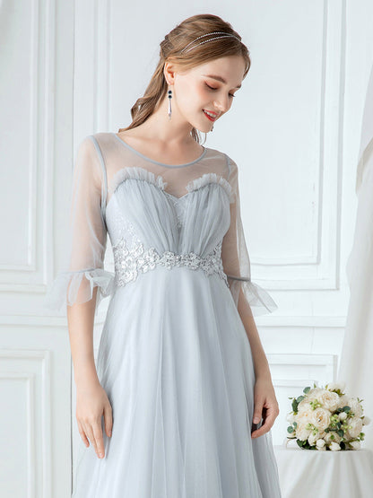 Elegant Sheer Sleeve Applique Bridesmaid Gown