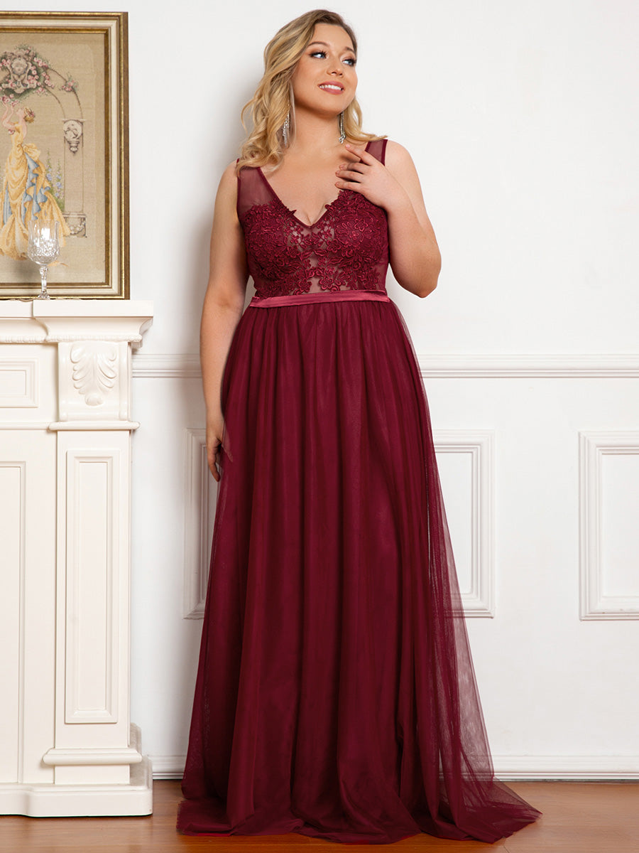 Floral Lace Applique V-Neck Plus Size Bridesmaid Gown