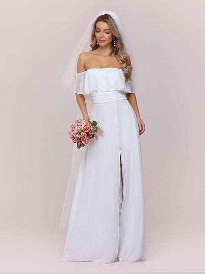Plain Off Shoulder Wholesale Chiffon Wedding Dress with Side Split