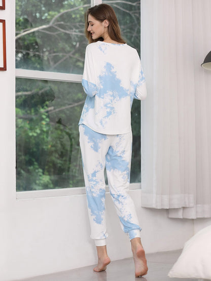 Comfortable Tie-dye Loungewear Set with Elastic Pajamas and T-shirt