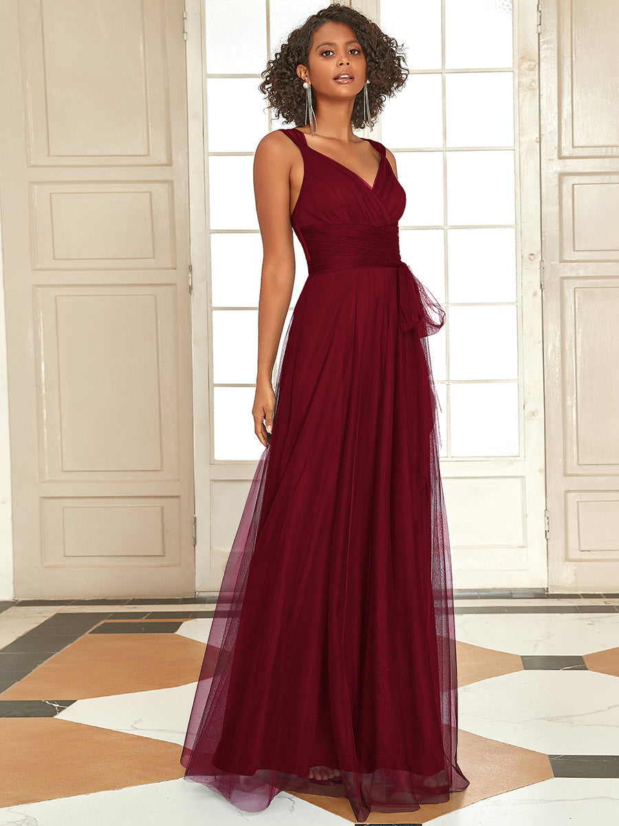 Enchanting V-Neck A-Line Bridesmaid Dress with Ribbon Waist Belt