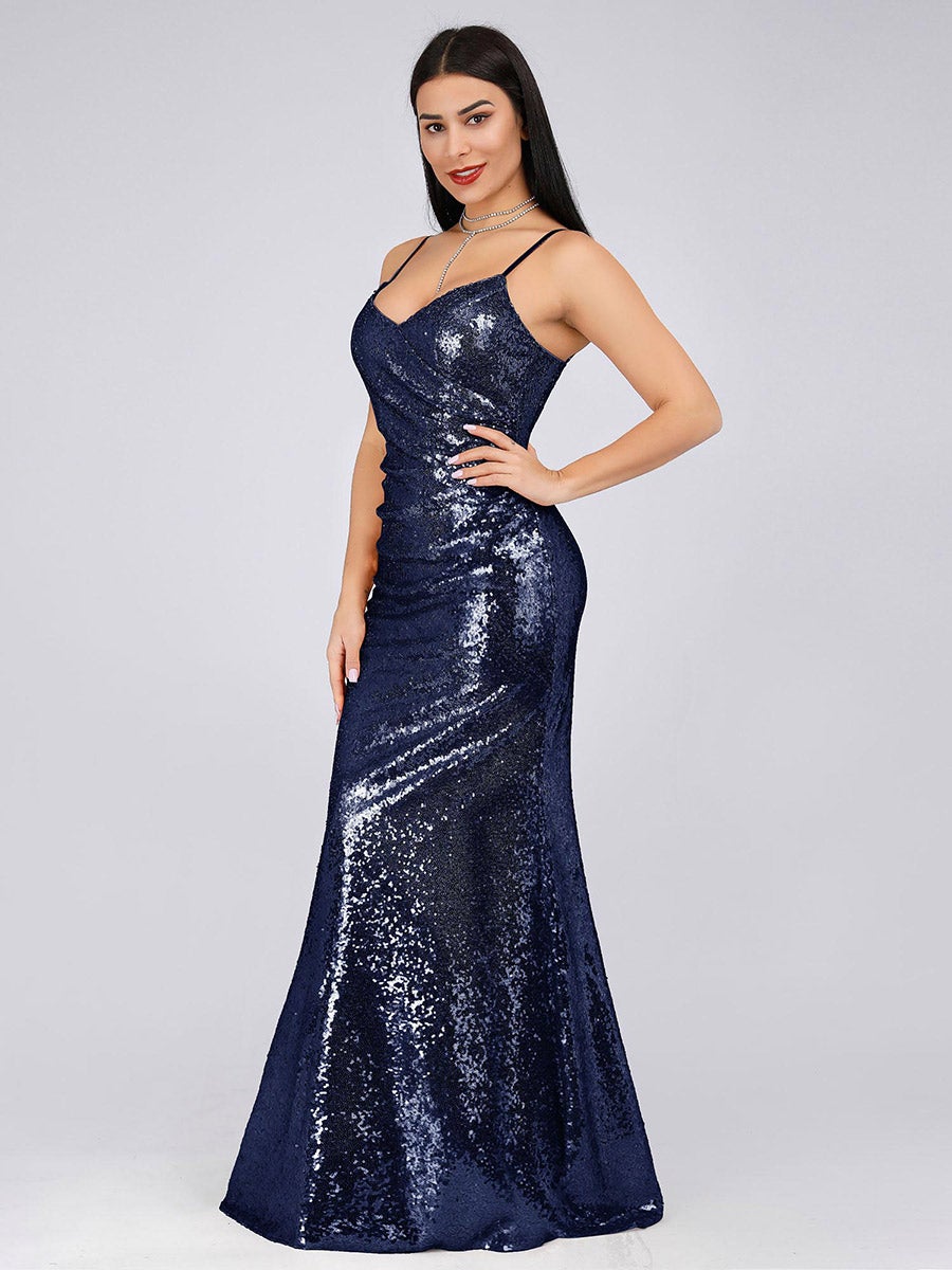 Sexy Spaghetti Straps Fishtail Sequin Wholesale Evening Gowns