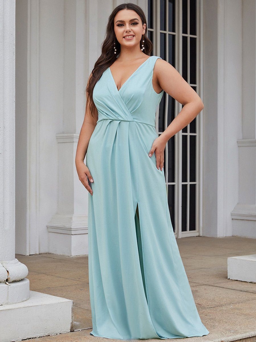 Shimmering Night Sky V Neck Plus Size Evening Gown