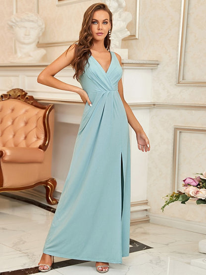 Sparkling V Neck Evening Gown with Side Slit in Full Length