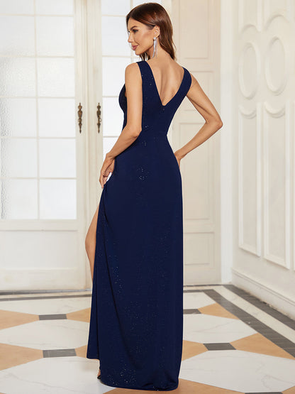 Floor Length V Neck Shimmery Wholesale Evening Dresses With Side Split