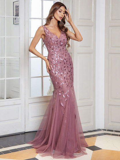 Glamorous Sequin Embellished V-Neck Mermaid Evening Dress