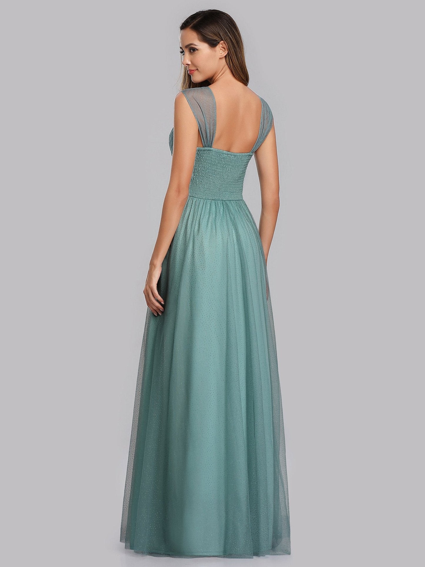 V-Neck Floor Length Spark Tulle Wholesale Bridesmaid Dresses