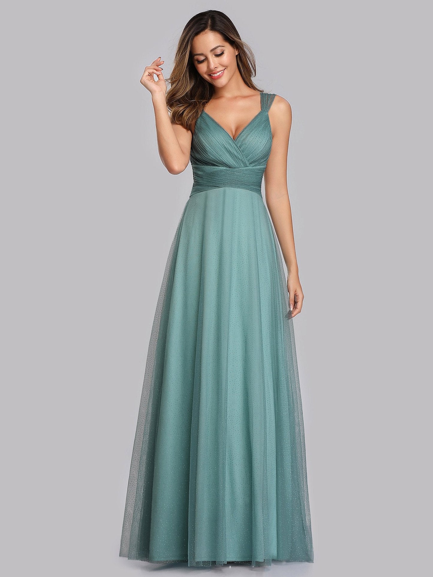 Elegant Deep V-Neck Mesh Bridesmaid Gown