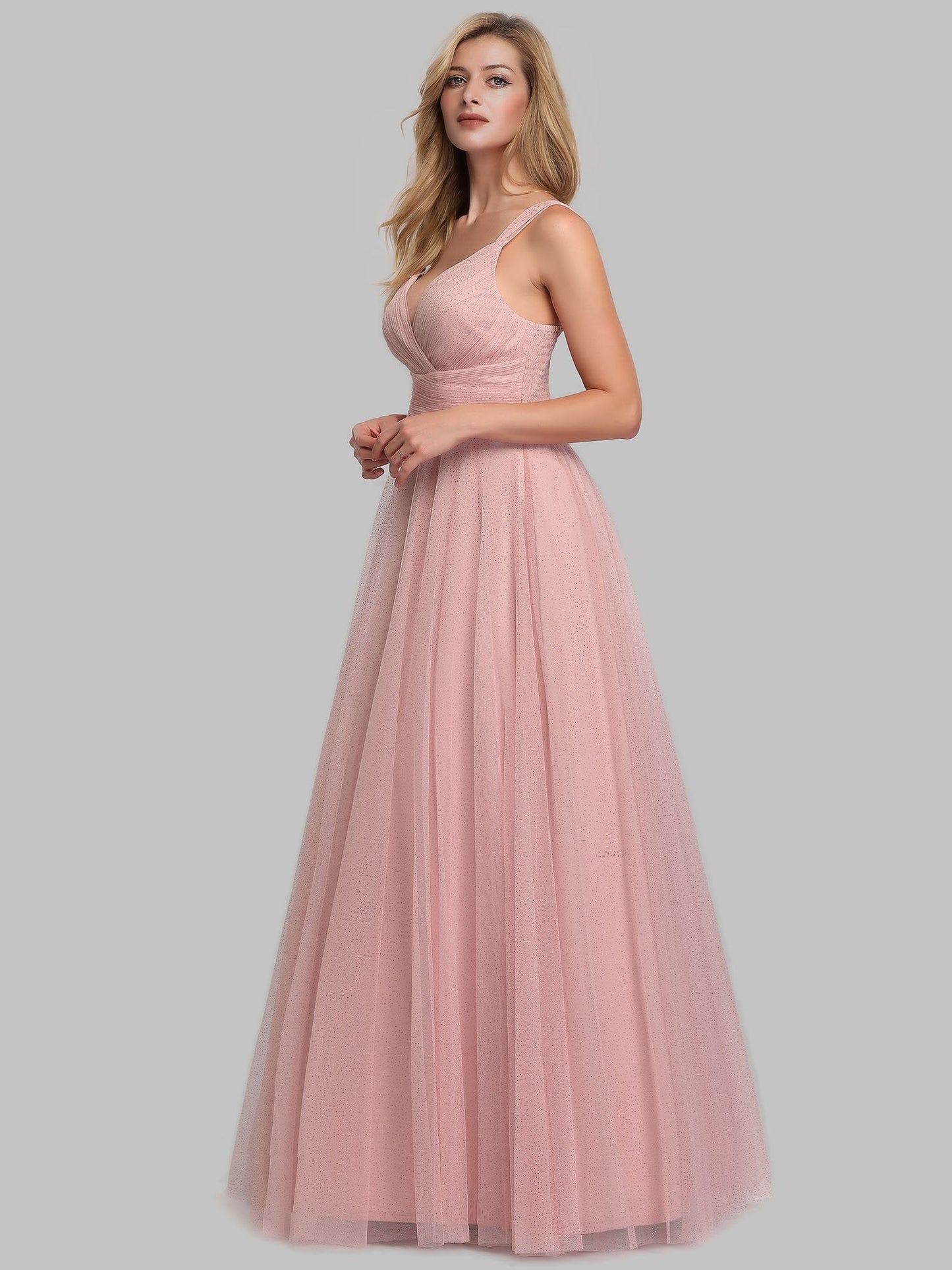 Elegant Deep V-Neck Mesh Bridesmaid Gown