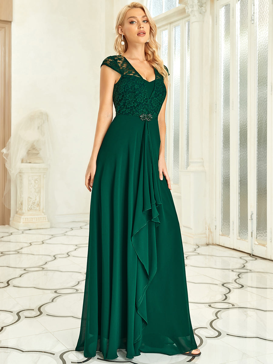 Elegant Lace Sleeve Bridesmaid Gown in Chiffon - Formal Event Dress