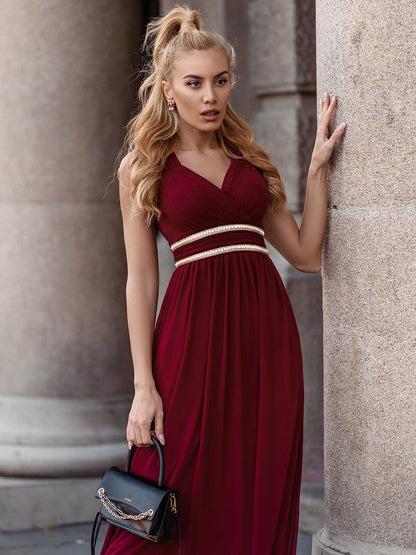 Stylish V Neck A-Line Bridesmaid Gown Featuring Waist Belt