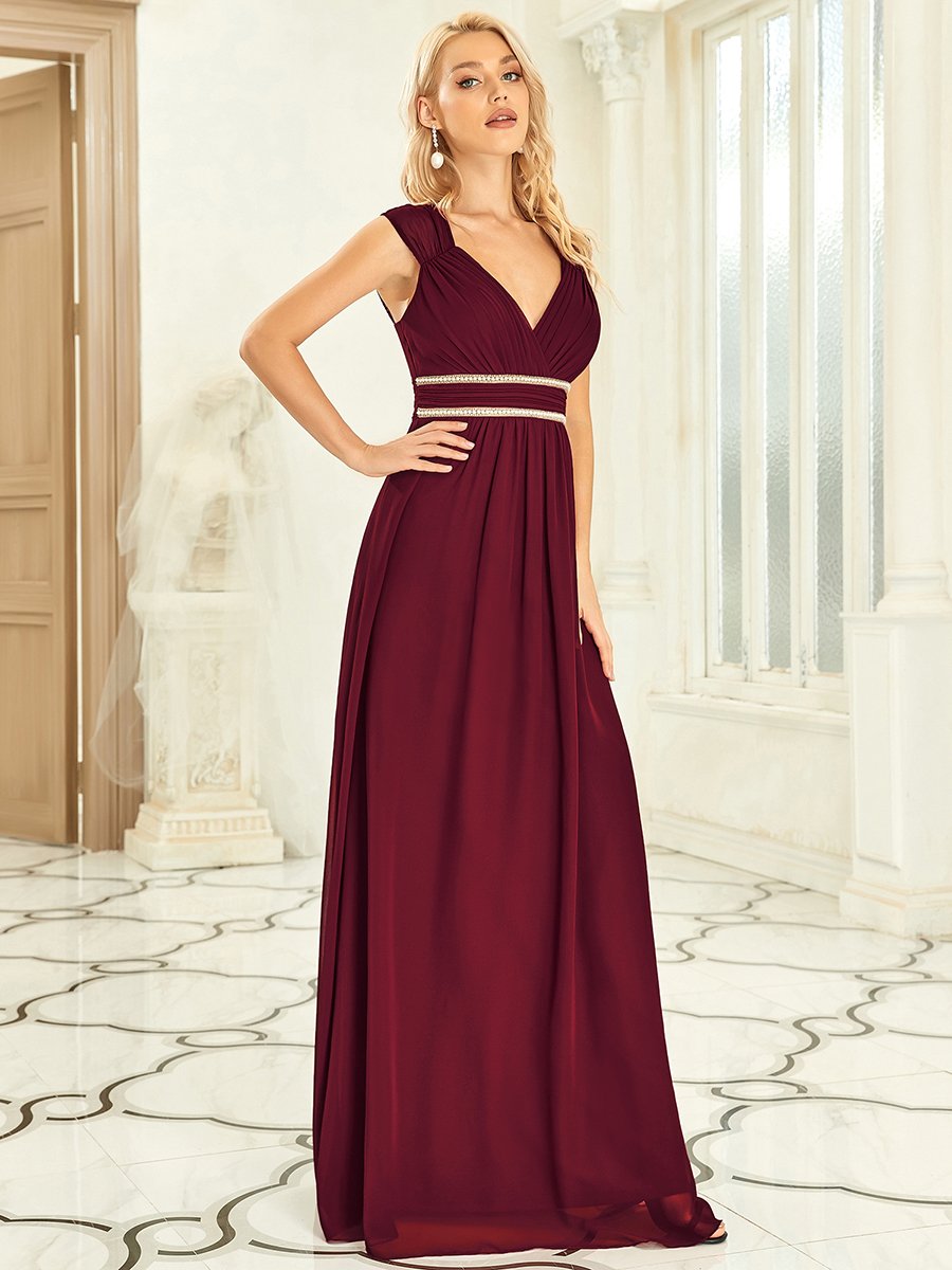 Stylish V Neck A-Line Bridesmaid Gown Featuring Waist Belt