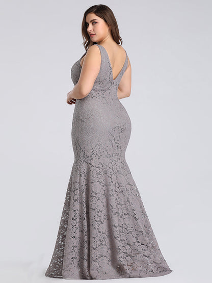 Elegant Deep V-neck Lace Mermaid Plus Size Evening Gown