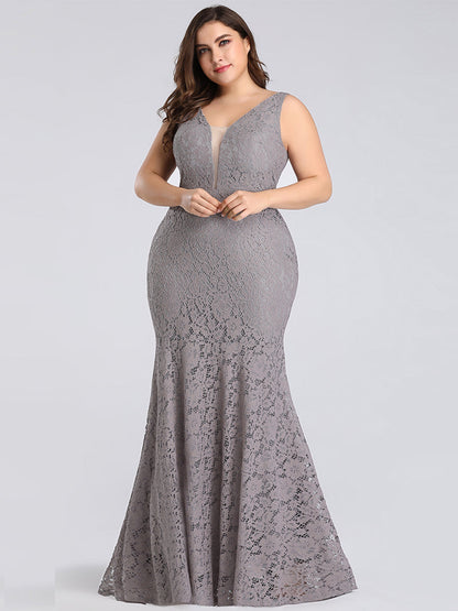 Elegant Deep V-neck Lace Mermaid Plus Size Evening Gown