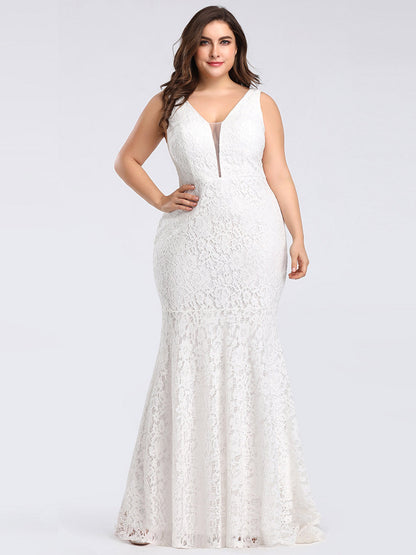 Elegant Deep V-neck Lace Mermaid Plus Size Evening Gown