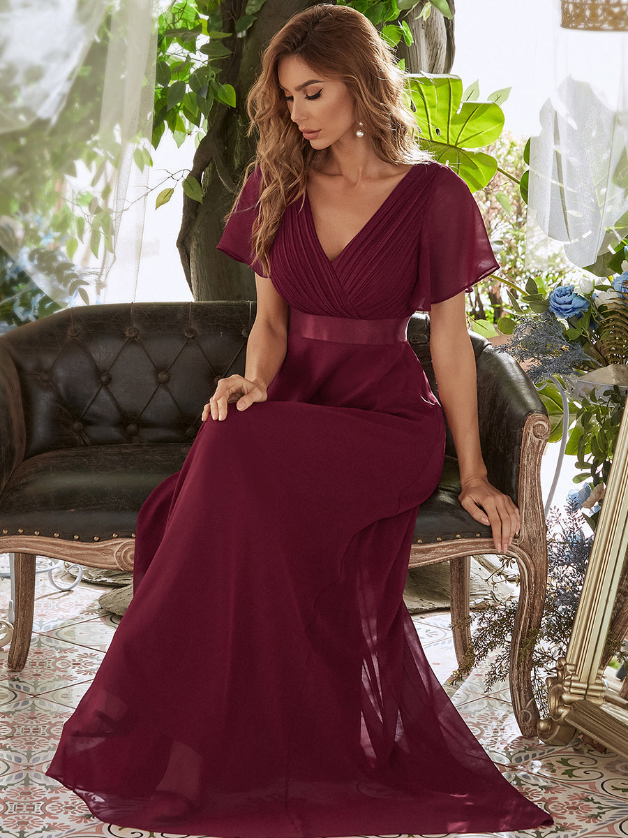 Sophisticated Chiffon Evening Gown with Double V-Neck and Elegant Ruffles