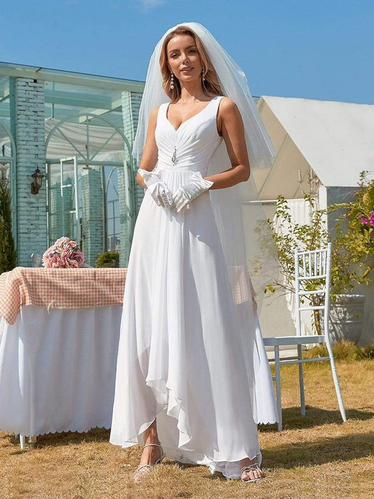 Simple V Neck Chiffon Wholesale Wedding Dress with Asymmetric Hem