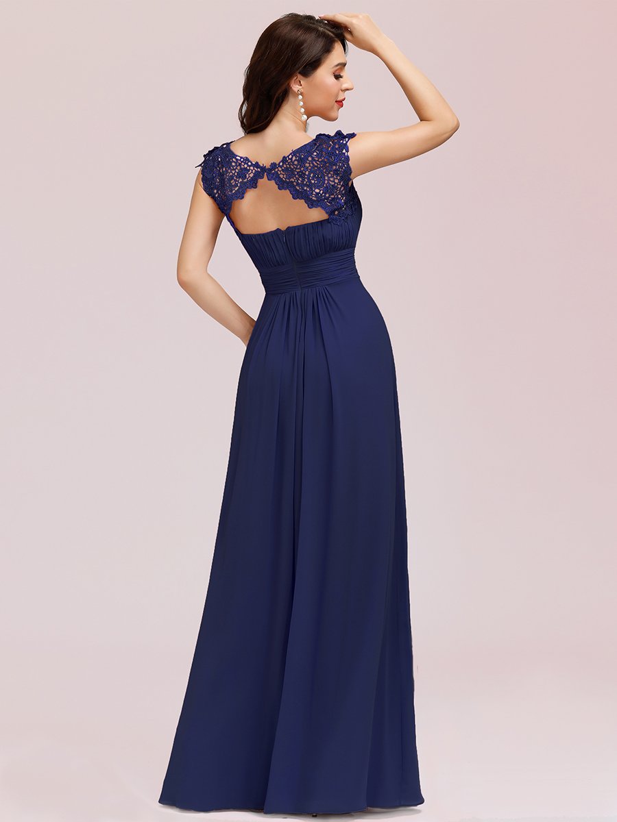 Lacey Neckline Open Back Ruched Bust Evening Dresses