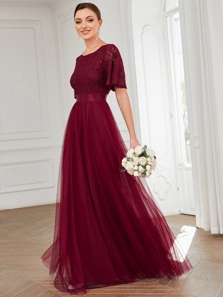 A Line Ruffles Sleeves Round Neck Wholesale Bridesmaid Dresses