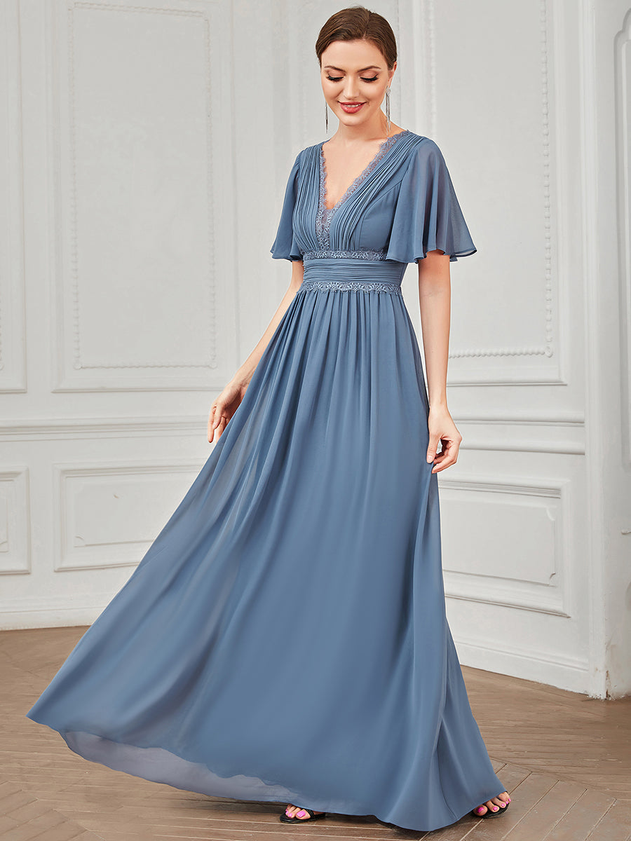 Elegant Deep V-Neck A-Line Bridesmaid Dress with Short Ruffles Sleeves