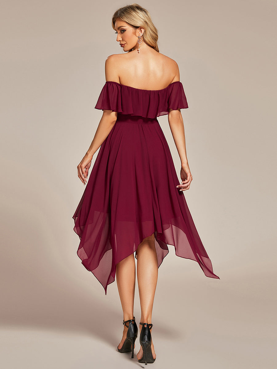 Elegant Off-Shoulder Chiffon Bridesmaid Dress with Asymmetrical Hem