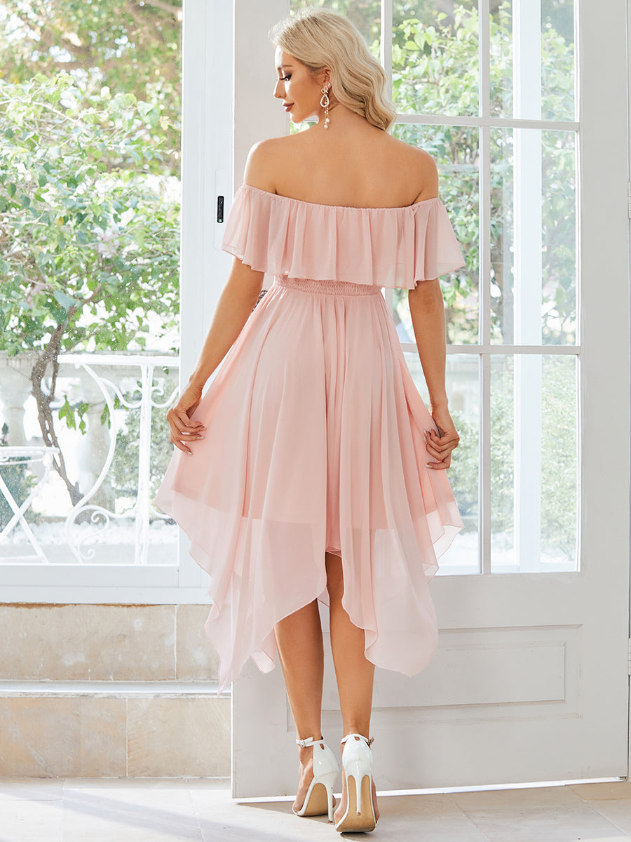 Elegant Off-Shoulder Chiffon Bridesmaid Dress with Asymmetrical Hem