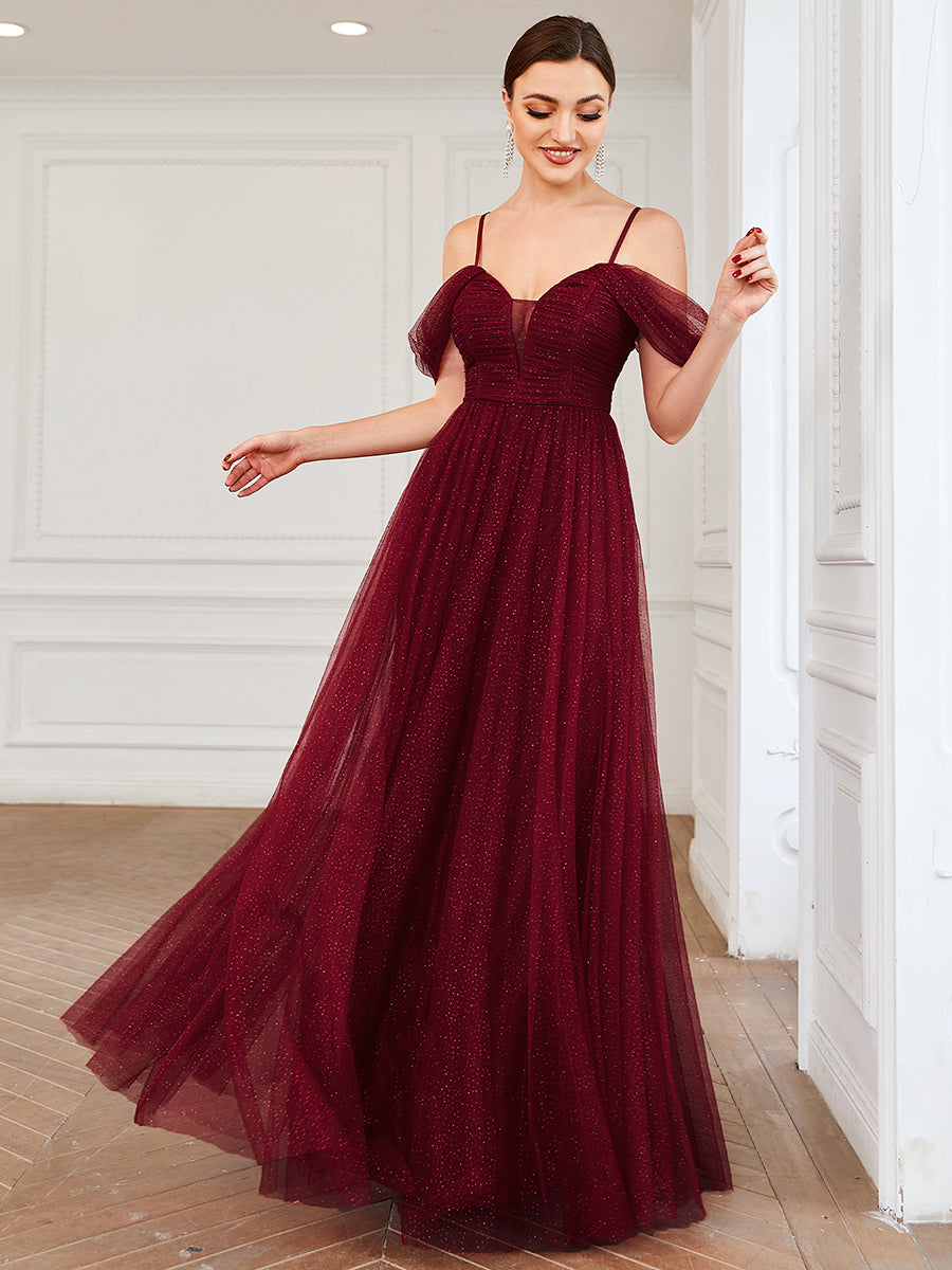 Elegant V-Neck Pleated Bridesmaid Gown with Spaghetti Straps