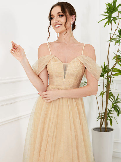 Elegant V-Neck Pleated Bridesmaid Gown with Spaghetti Straps