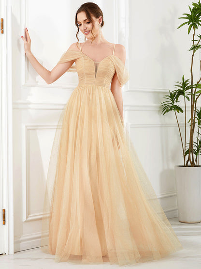 Elegant V-Neck Pleated Bridesmaid Gown with Spaghetti Straps