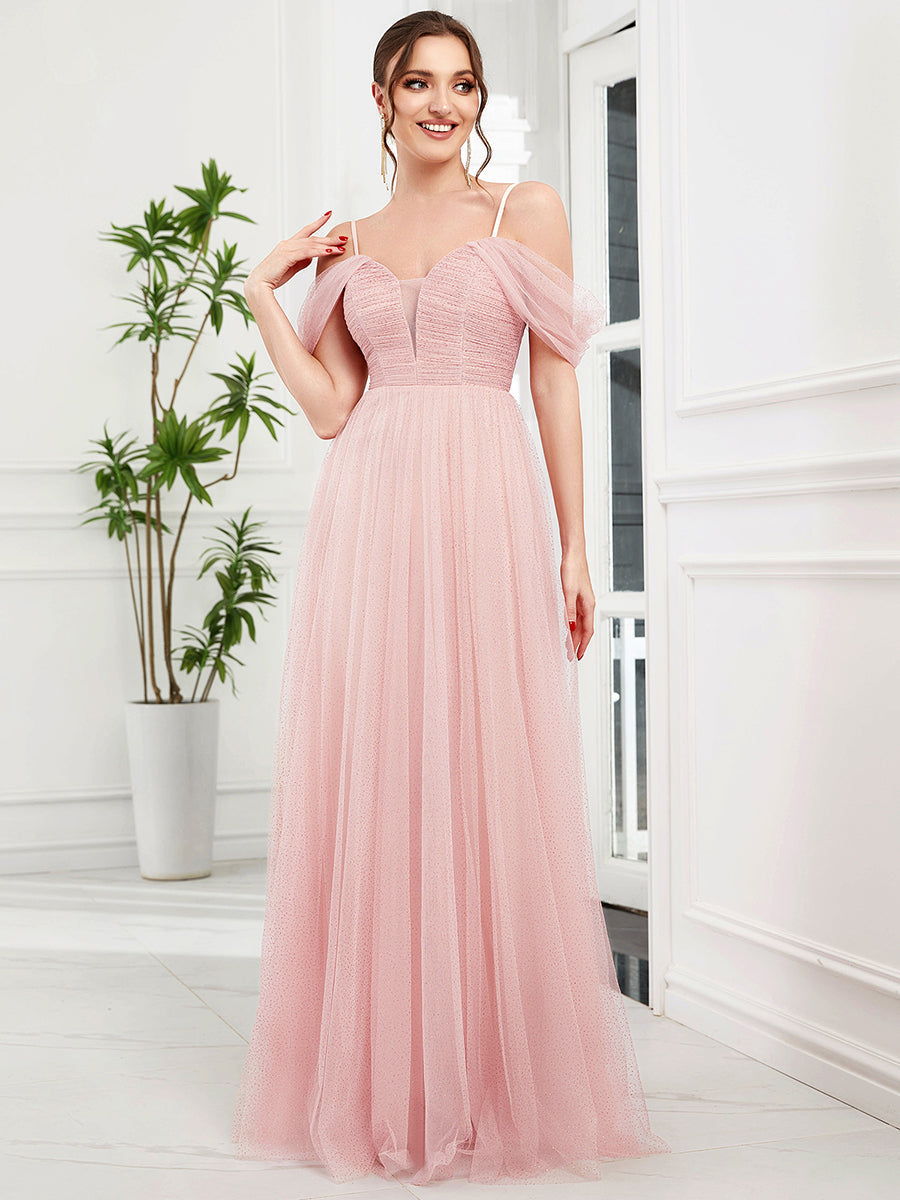 Elegant V-Neck Pleated Bridesmaid Gown with Spaghetti Straps