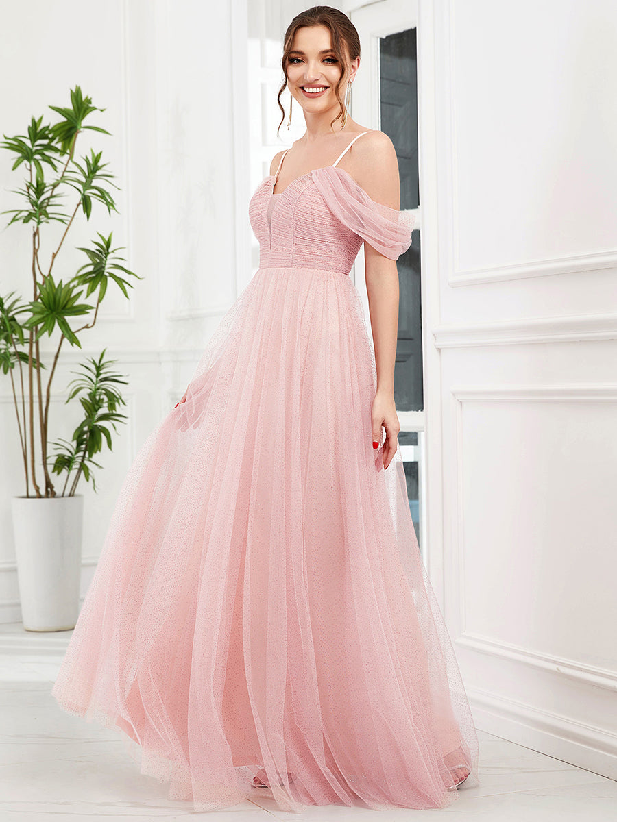 Elegant V-Neck Pleated Bridesmaid Gown with Spaghetti Straps