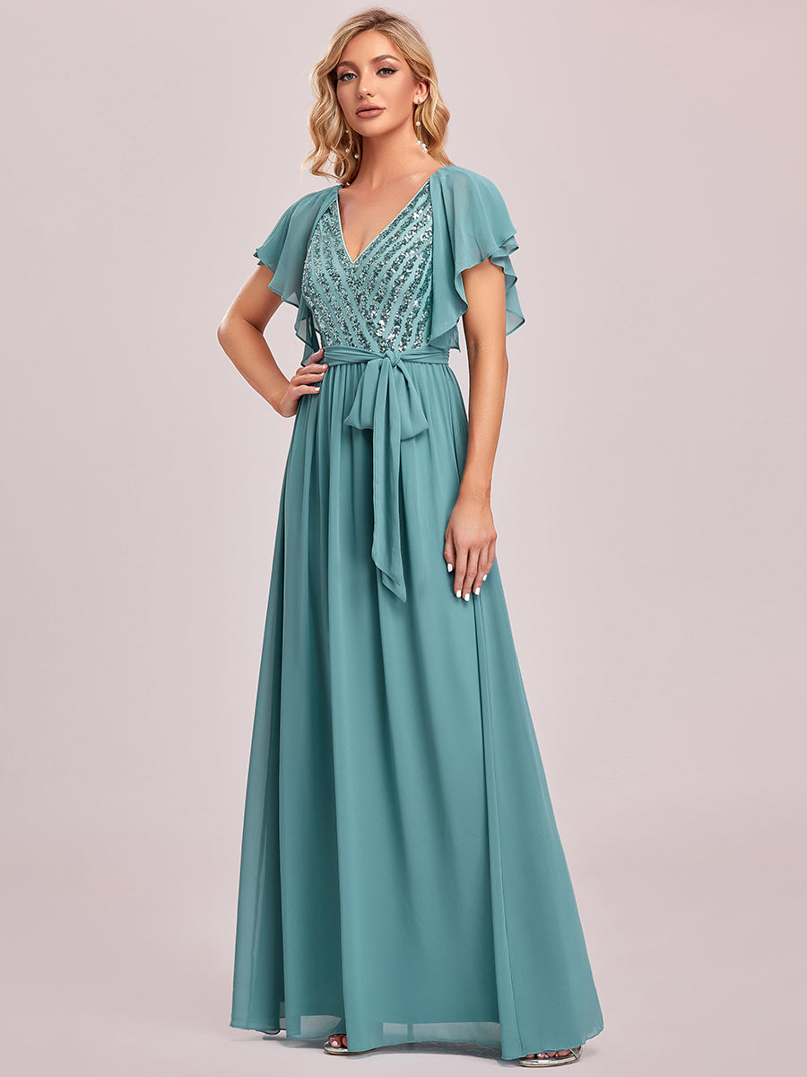 Deep V-Neck Wholesale Sequin Bridesmaid Dresses With Ruffle Sleeves