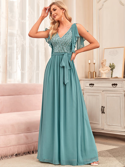 Deep V-Neck Wholesale Sequin Bridesmaid Dresses With Ruffle Sleeves