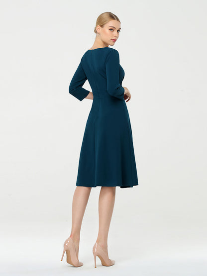 Long Sleeves V Neck A Line Midi Workwear Dress