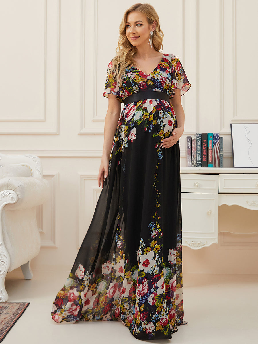 Elegant Deep V-Neck Maternity Dresses with Short Sleeves