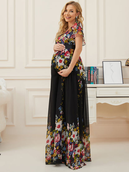 Elegant Deep V-Neck Maternity Dresses with Short Sleeves