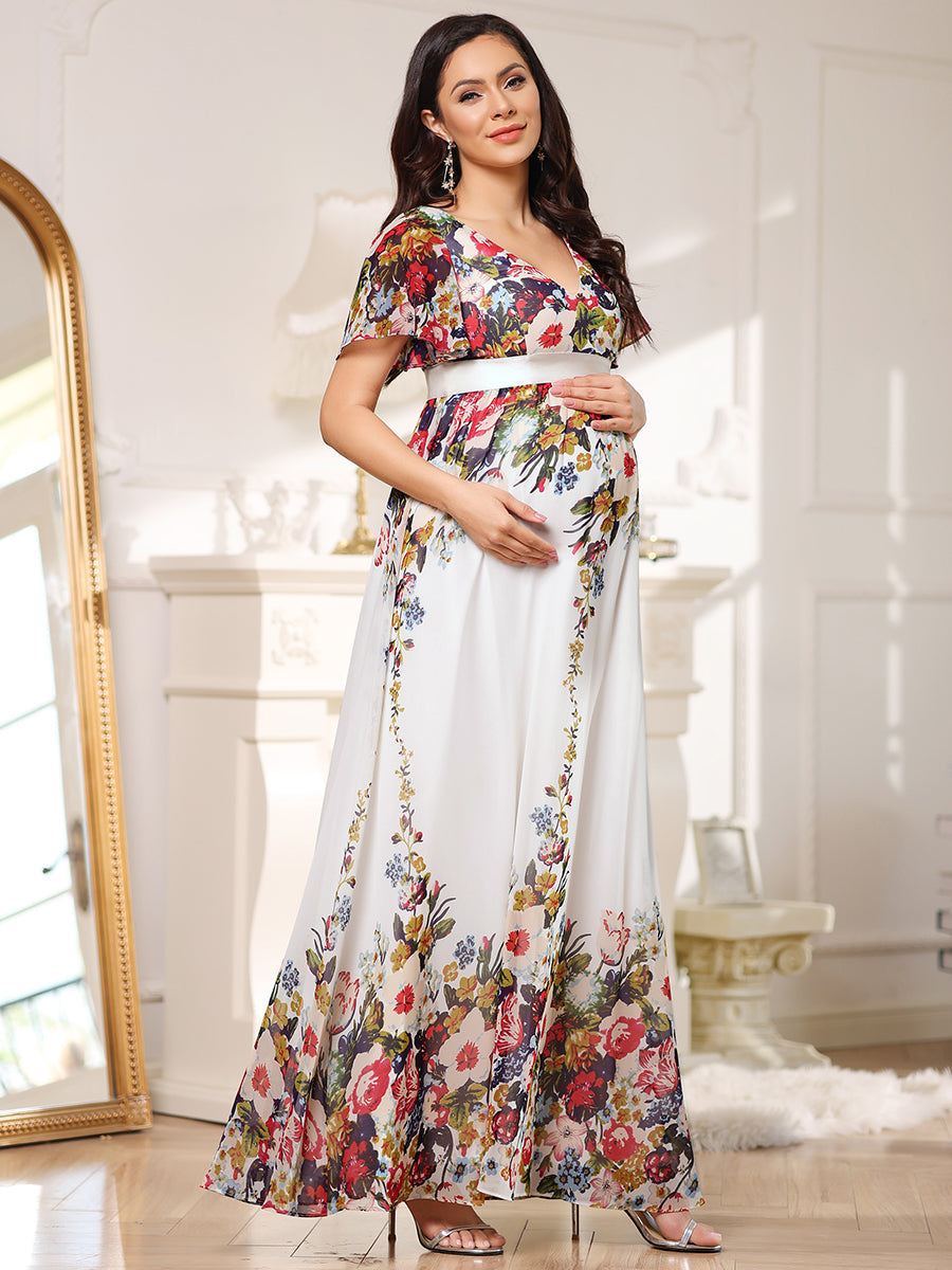 Elegant Deep V-Neck Maternity Dresses with Short Sleeves