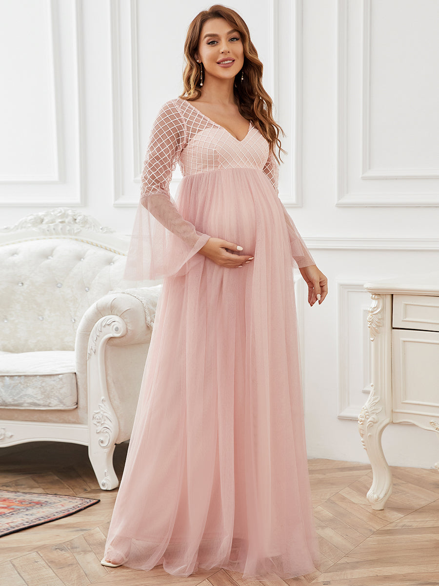 Cozy and Chic V Neck Maternity Dress with Pagoda Sleeves