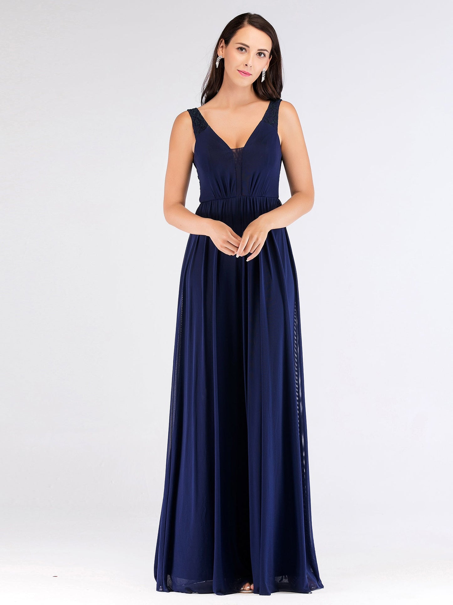 Elegant V-Neck Sleeveless Evening Gown with Illusion Detail