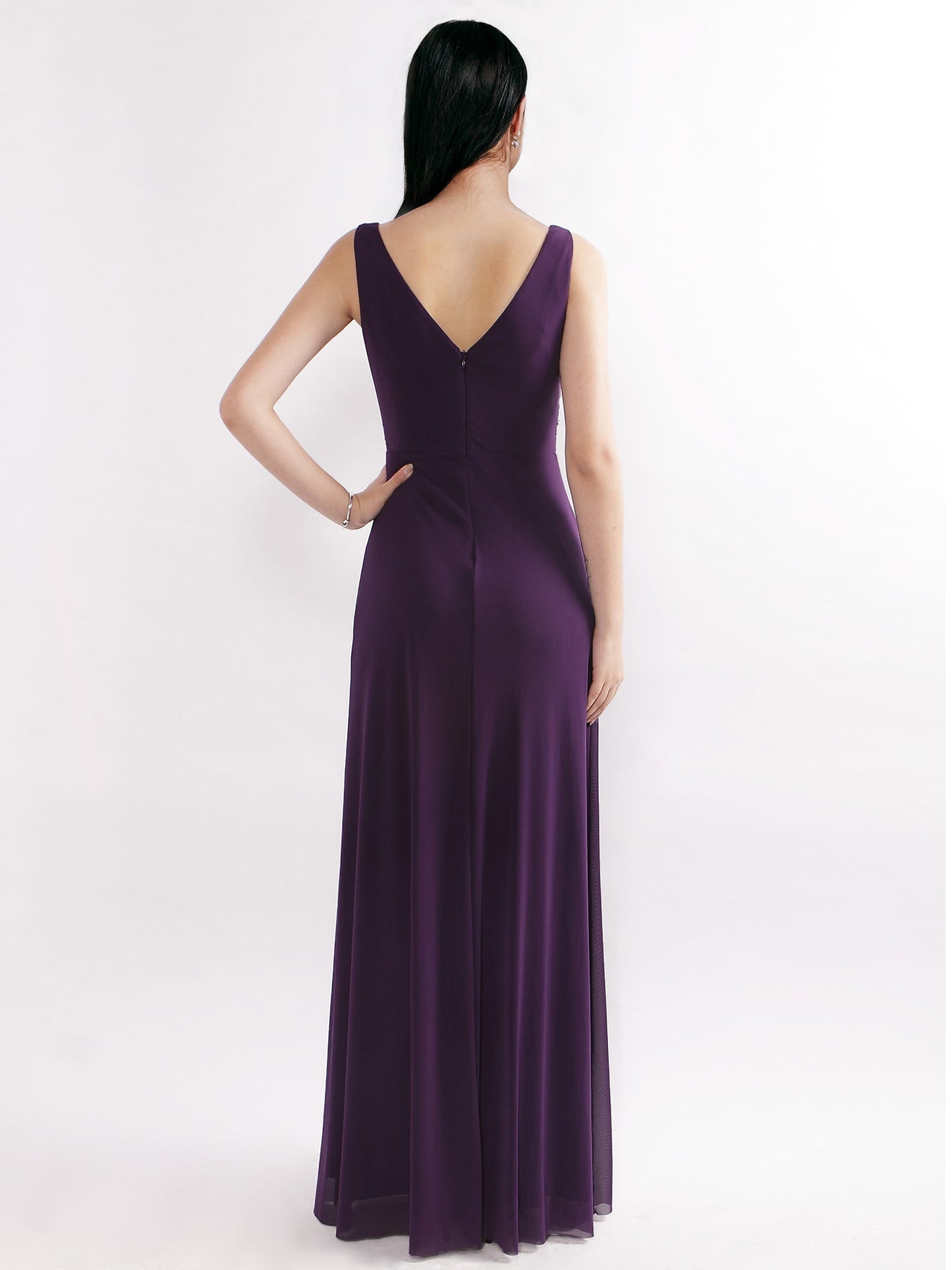 Elegant V-Neck Long Bridesmaid Dress with Open Back and Concealed Zipper