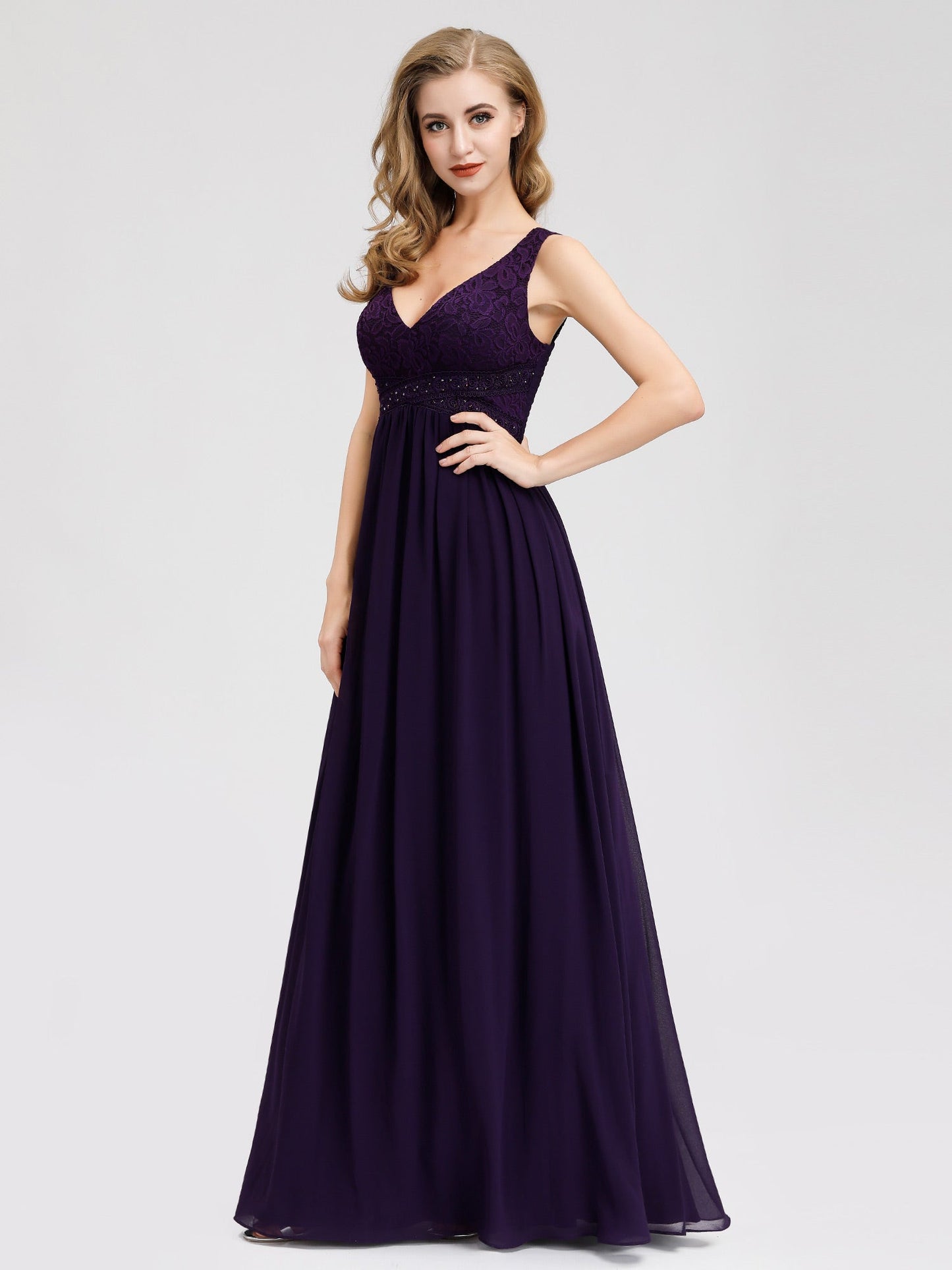 Elegant Purple Lace Evening Gown without Zipper EZ07538